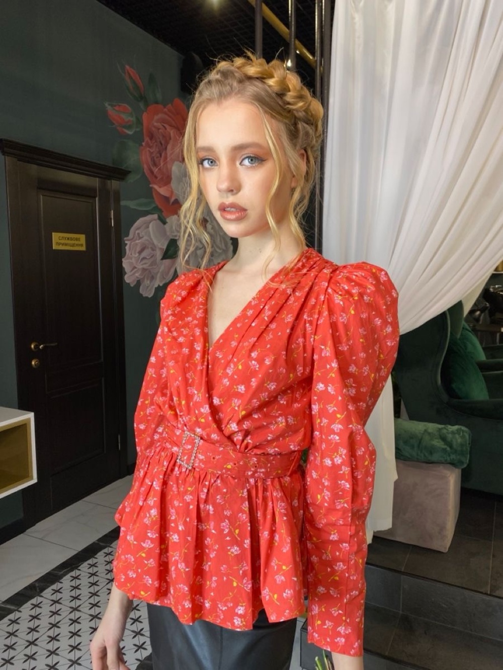 ZARA Floral Peplum Blouse XS Puff Sleeve Cottagecore Romantic Red Top - Picture 9 of 16